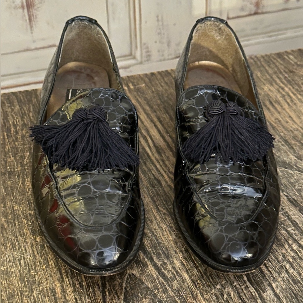 Stuart Weitzman Razmataz black Croc Leather Tassel Dress Loafers US Sz 6.5 M vtg - Picture 3 of 10